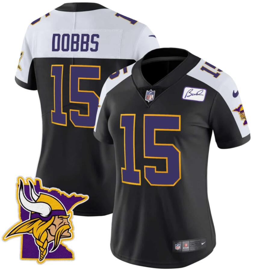 Women Minnesota Vikings #15 Dobbs Bud Grant Patch Classic Limited 2024 NFL Nike NFL Nike black jersey
